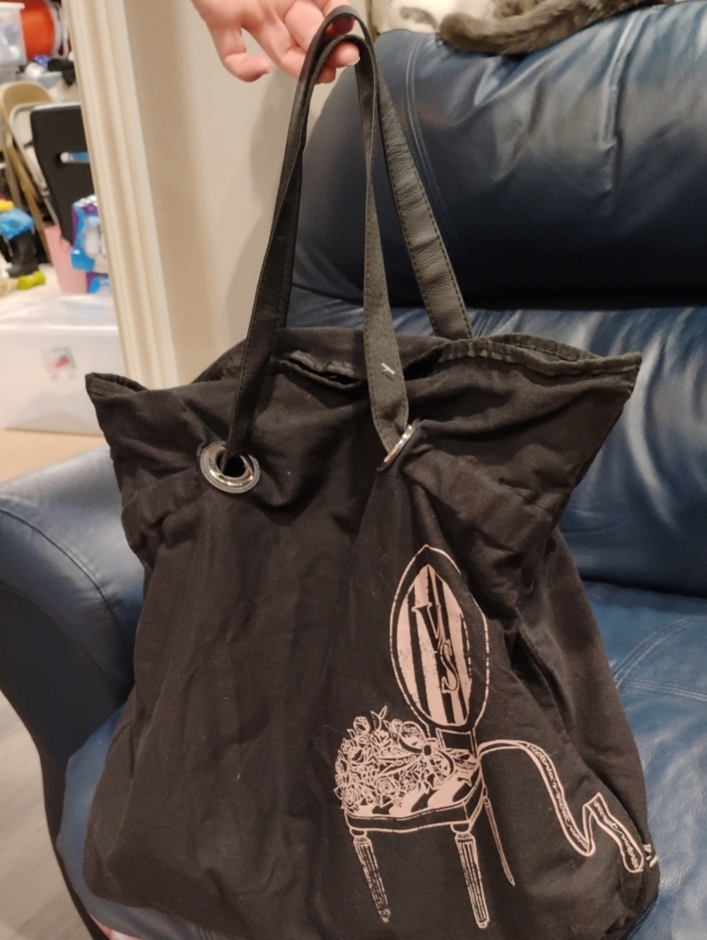 Victoria's Secret Black Canvas Tote with Pale Pink Decorative Print
